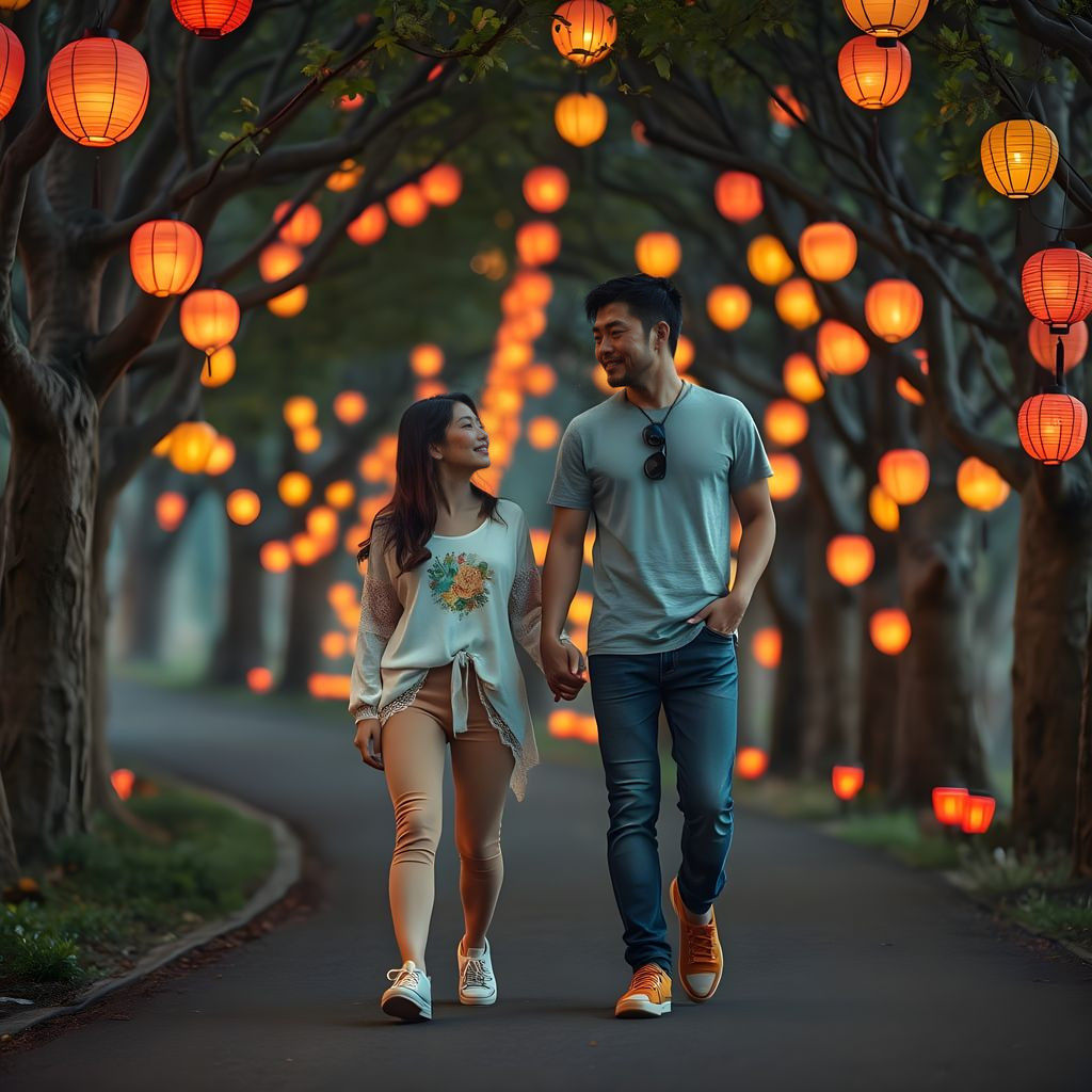 Couple Walking Hand in Hand Under Japanese Lanterns in a Vib...