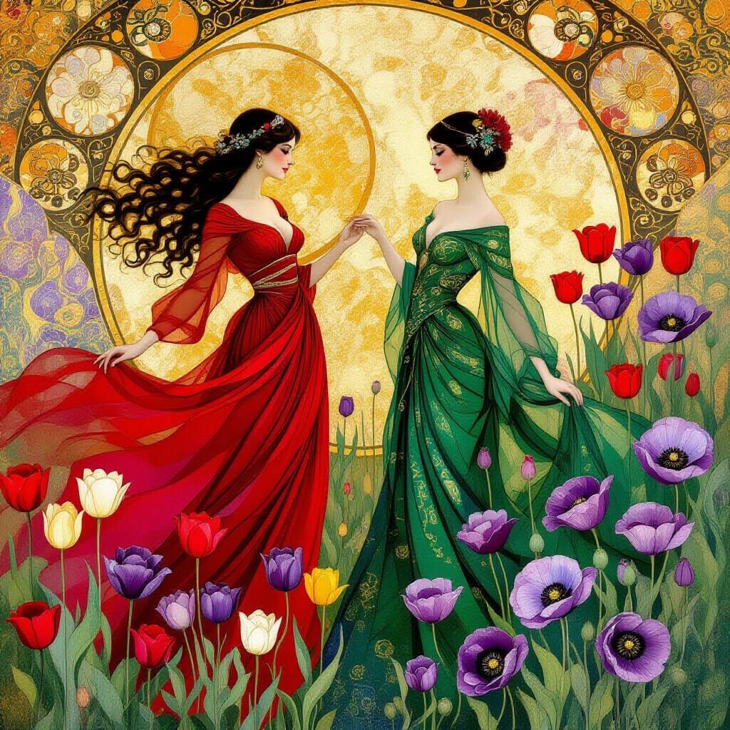 Surreal Women in Flowing Gowns Surrounded by Flowers