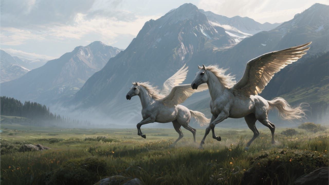 Winged Horses Galloping in Meadow with Mountains