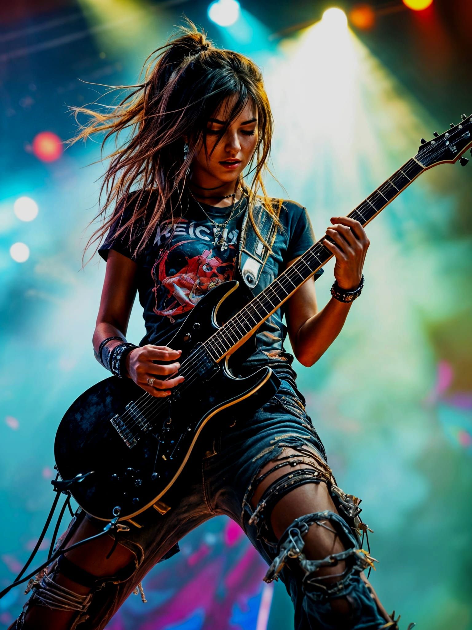 Rock Chick Guitarist in Dramatic Backlit Stage Scene