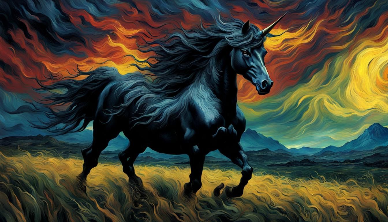 Black Unicorn in Storm as Van Gogh Painting