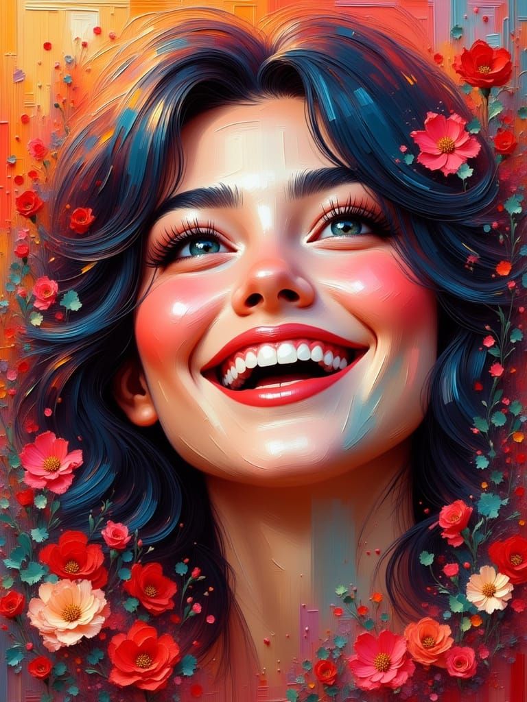 Vibrant Line Art Portrait of a Laughing Woman in Cartoon Sty...