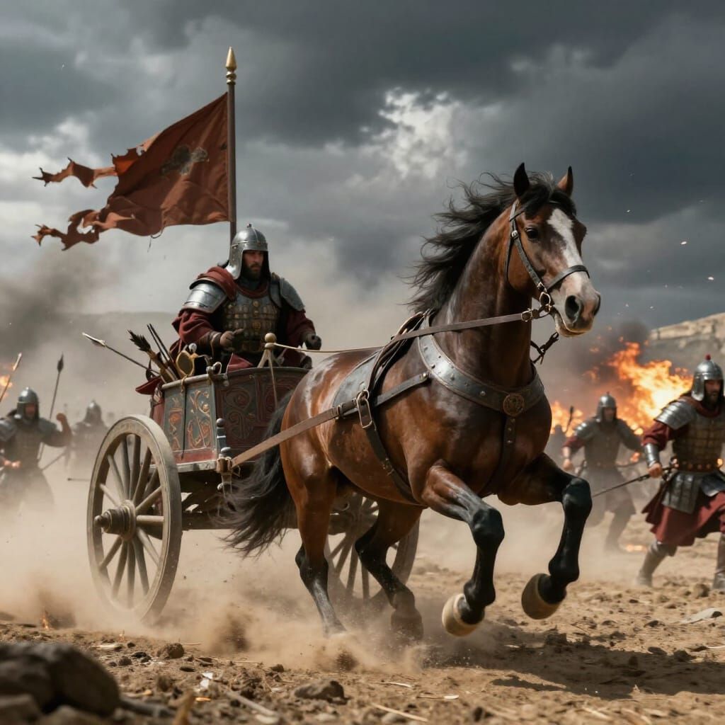 Epic Ancient War Scene with Horse-Drawn Chariot