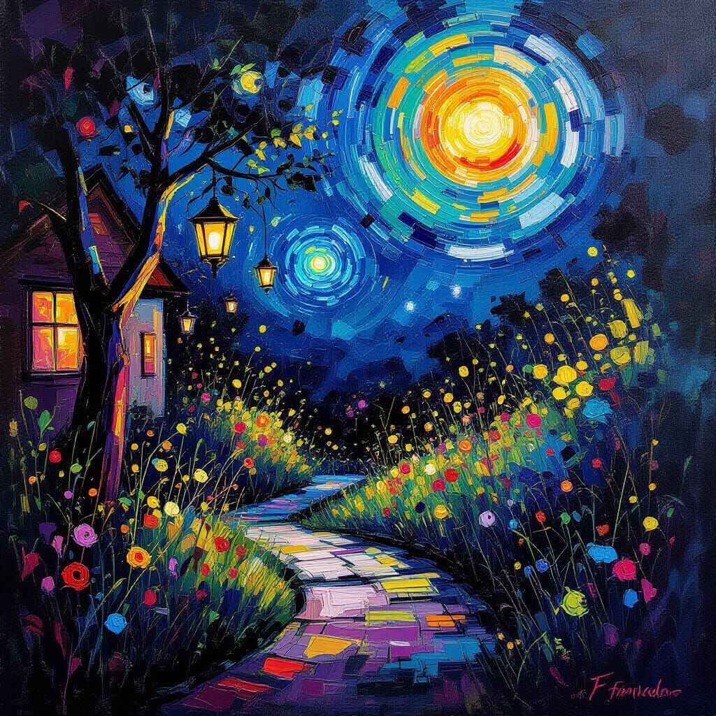 Dreamy Midnight Backyard With Supernatural Energy In Impasto...