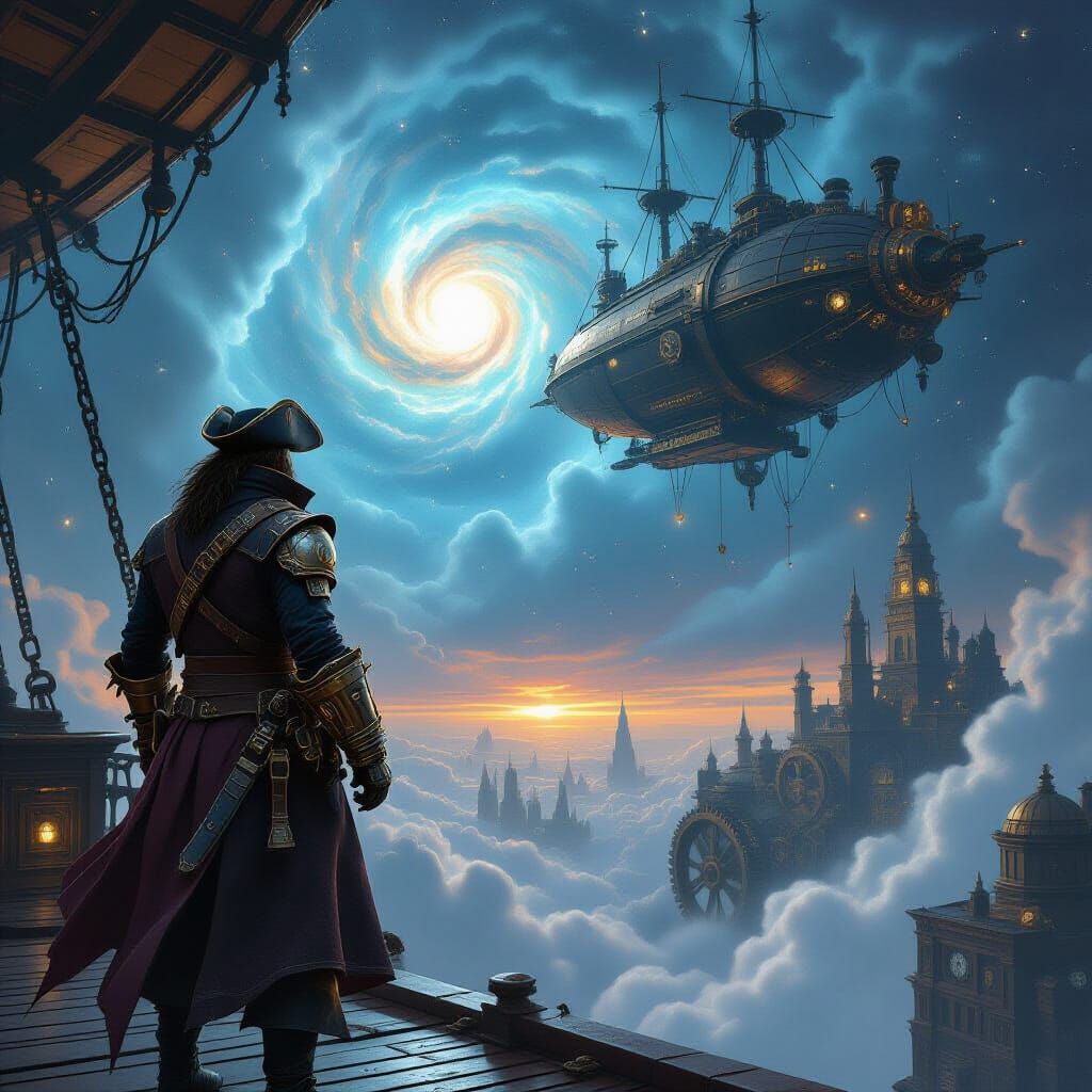 Steampunk Pirate Captain on Airship Above Clockwork City