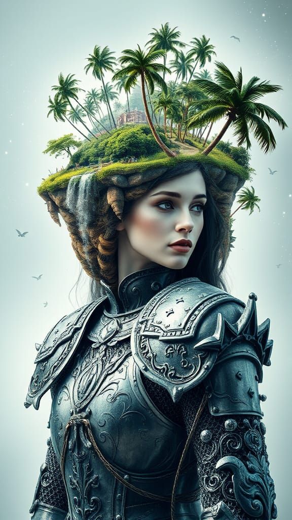 Goddess Knight in Tropical Island Headdress, Double Exposure...