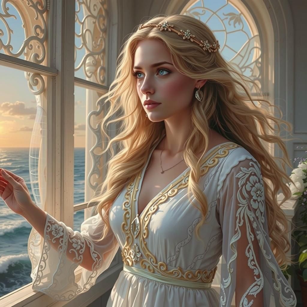 Princess Gazing at Ocean in Photorealistic Style