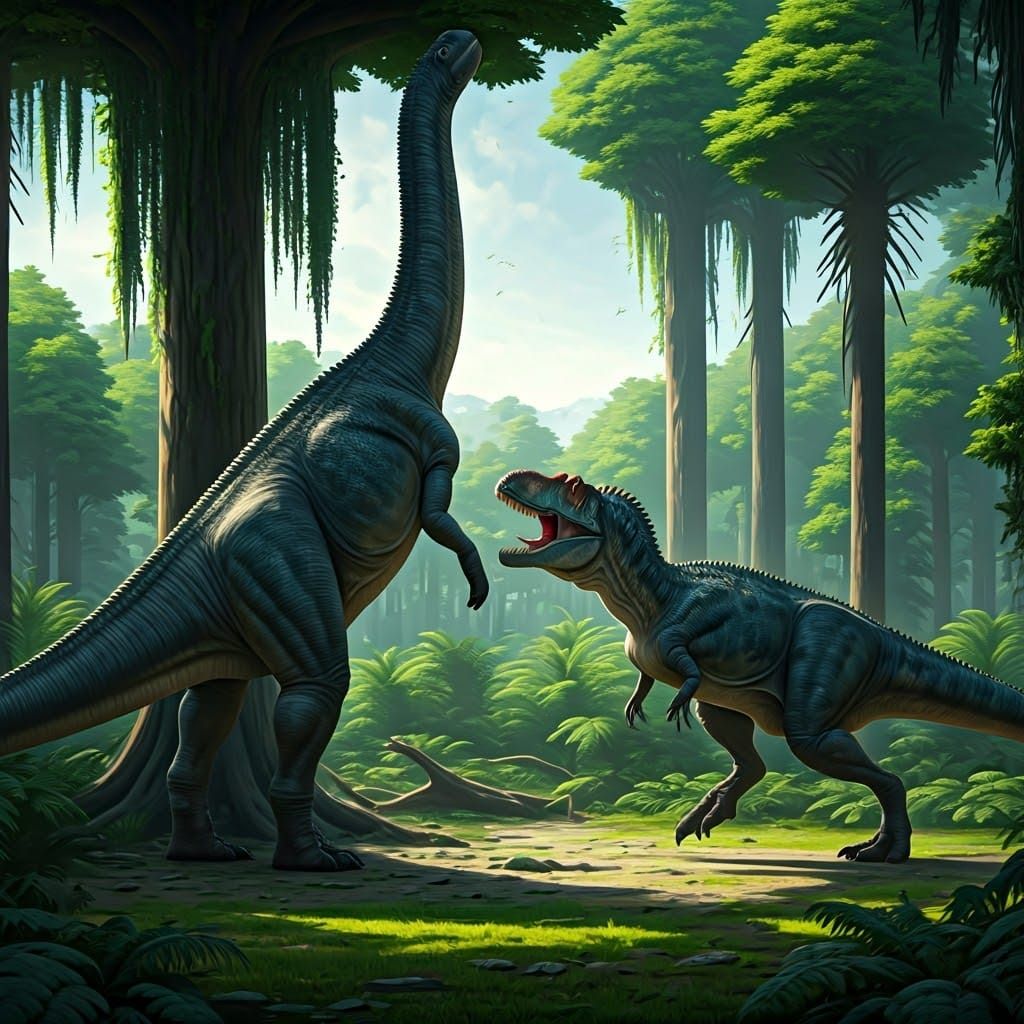 Prehistoric Jurassic Scene: Allosaurus Charges Apatosaurus i...