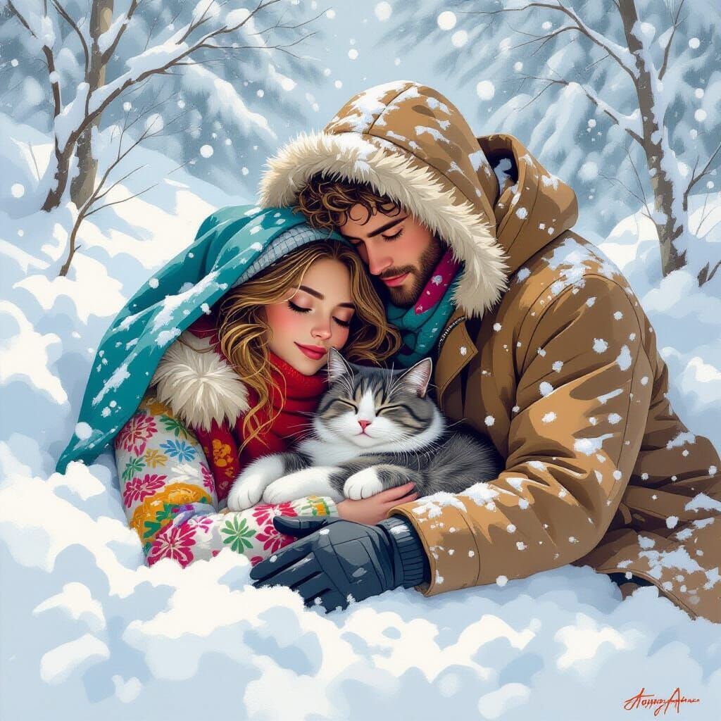 Darina Asleep in Snowdrift with Cat, in Folk Art Style