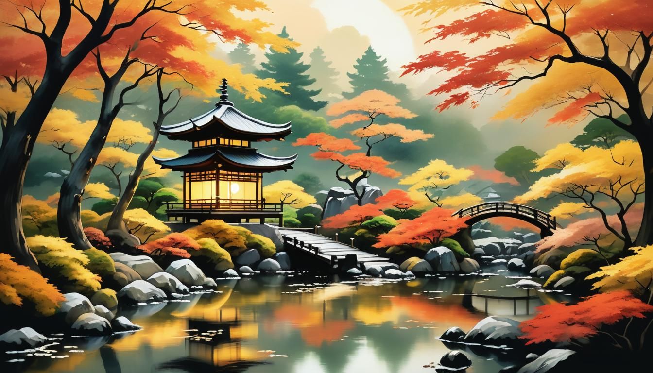 Autumn Japanese Garden with Lantern, Hokusai Style