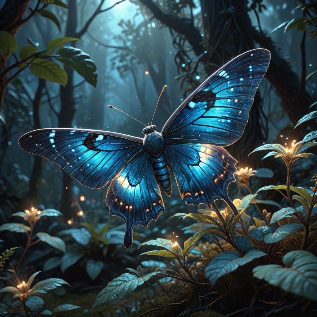 Giant Luminescent Moth Near Bioluminescent Shrub