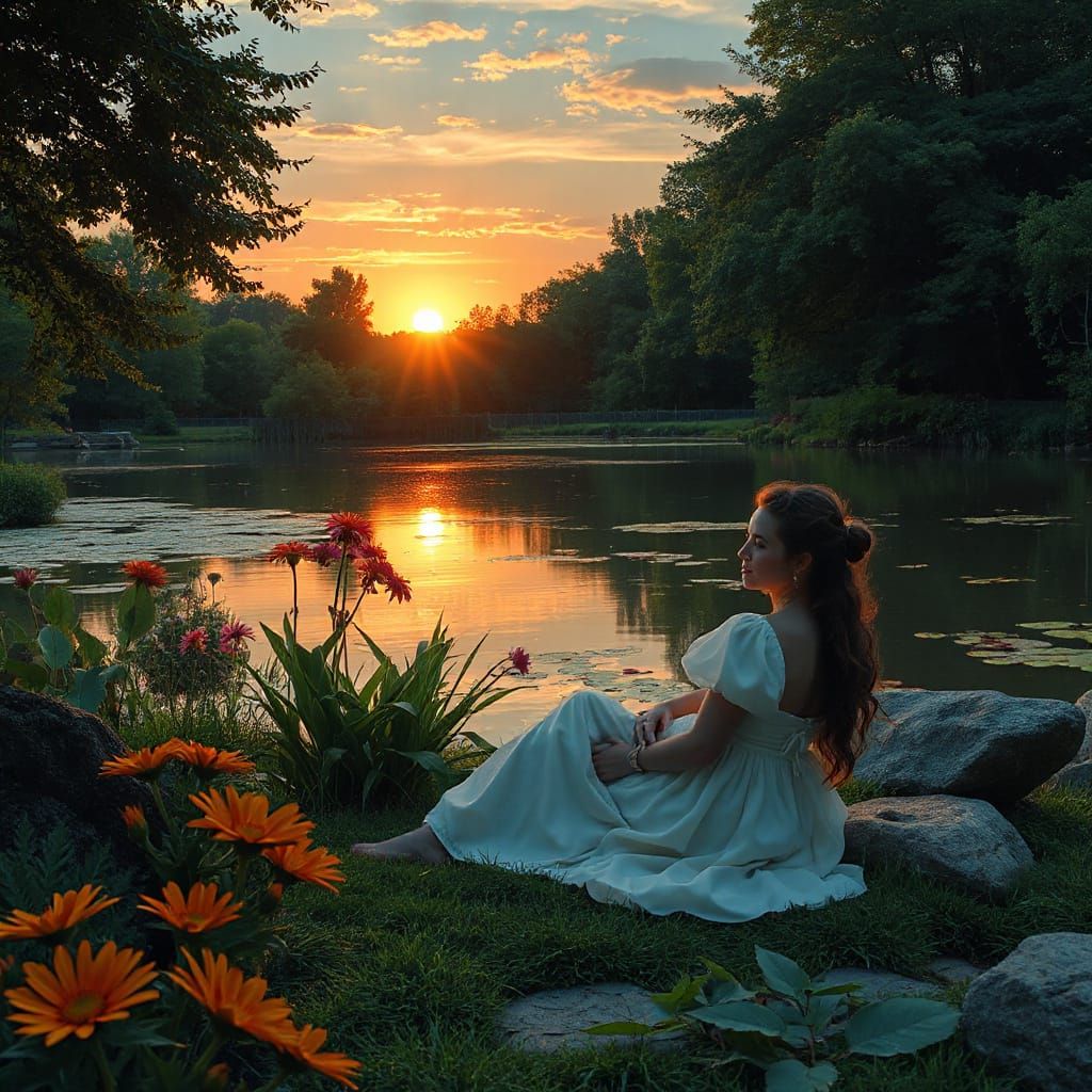 Serene Woman by Pond at Sunset