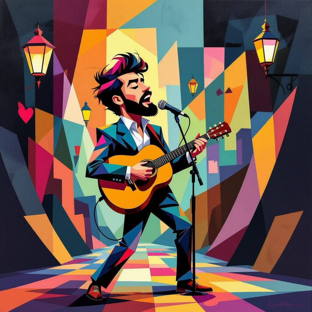 Man Sings "What Is Love" in Dynamic Cubist Painting