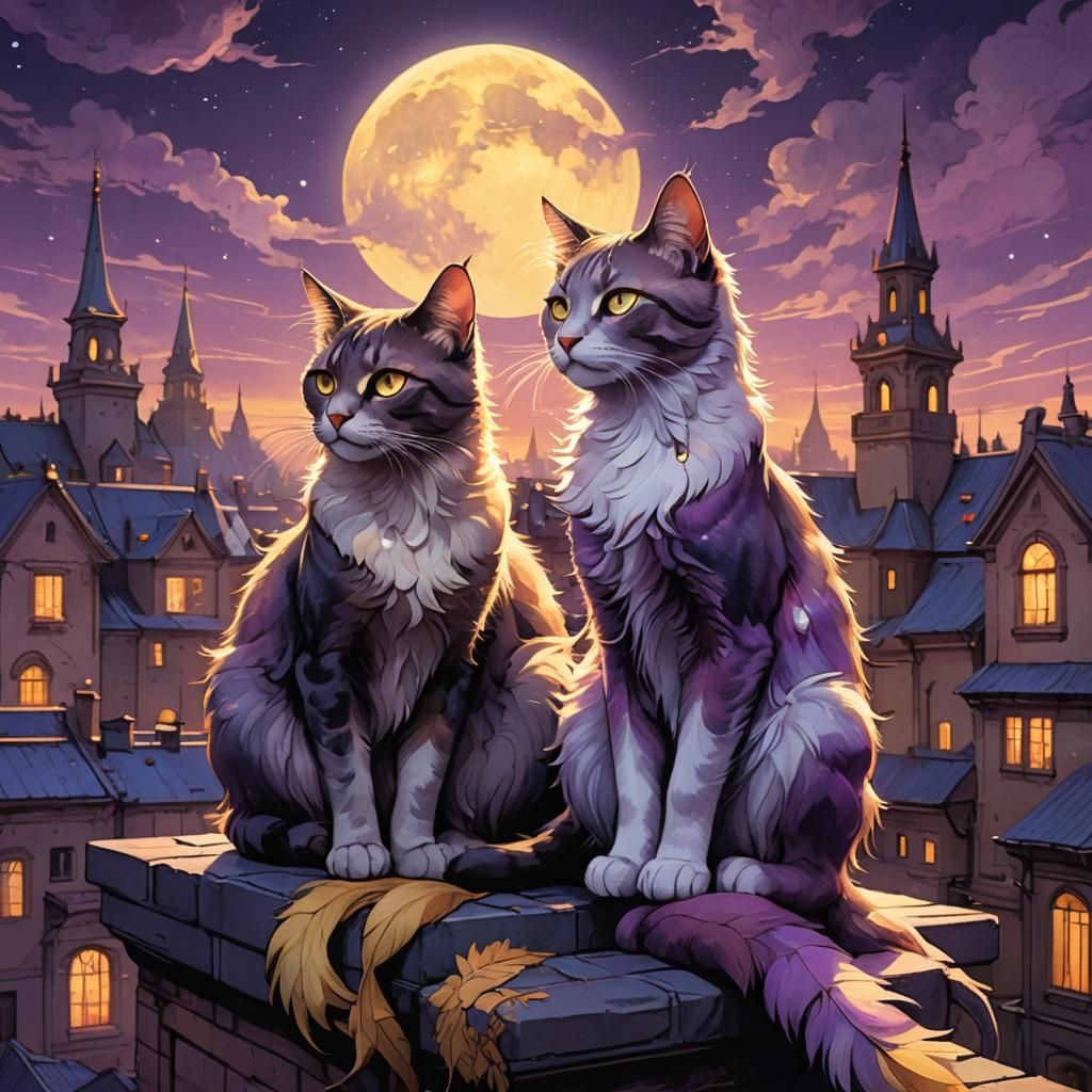 Mystical Cats Under Moonlight: Dark Fantasy Art