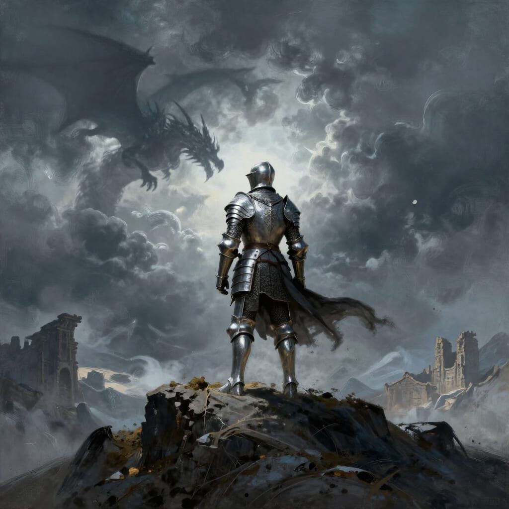 Knight on Mountain Peak Under Stormy Sky