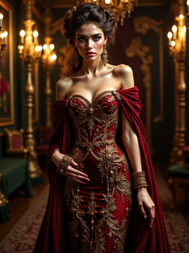 Regal Woman in Crimson Velvet Gown in Grand Ballroom