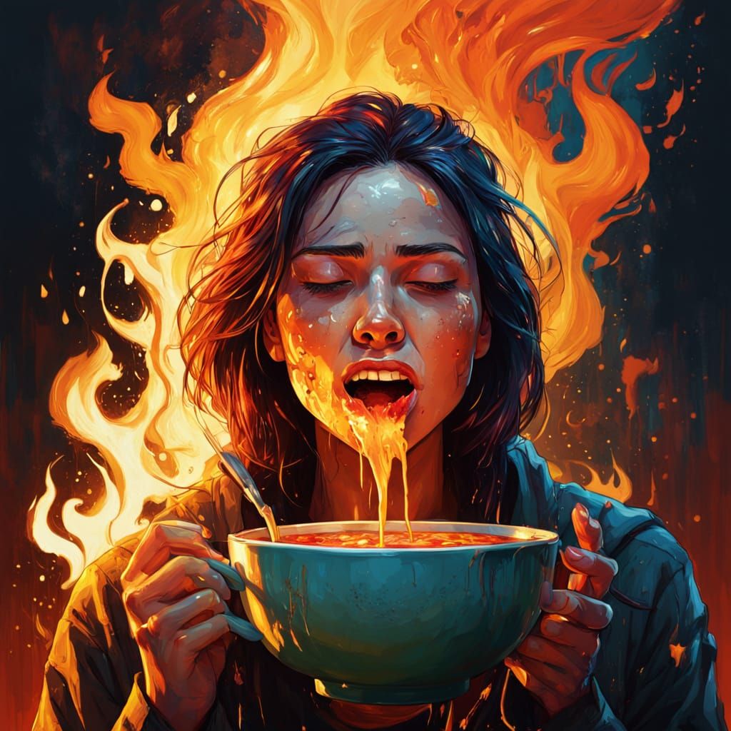 Woman Reacts to Spilled Hot Soup in Dramatic Concept Art