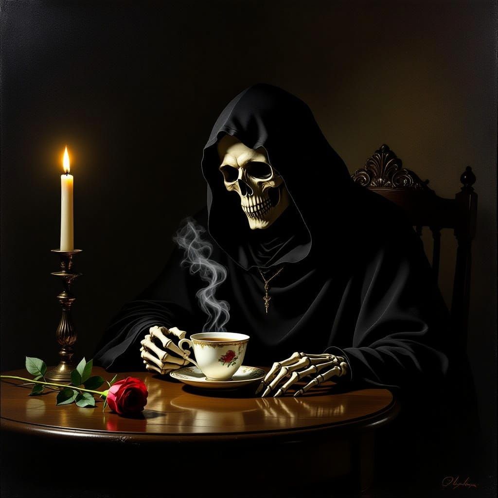 Grim Reaper Enjoys Tea in Dimly Lit Room
