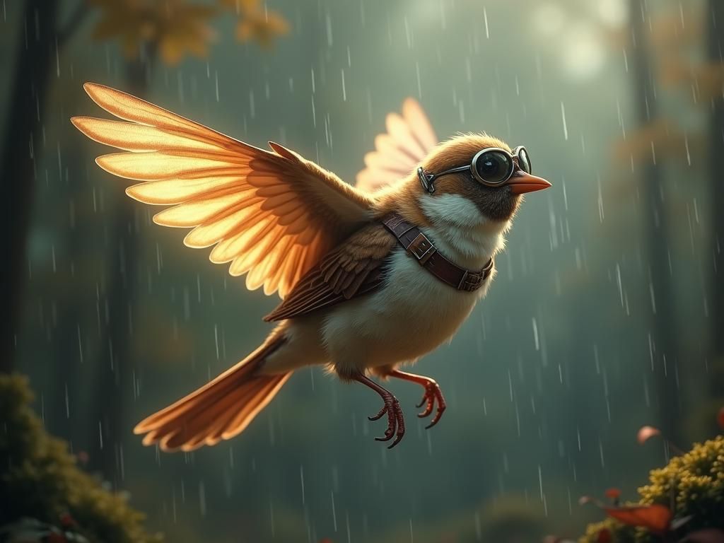 Fairy Rides Steampunk Sparrow in Rainy Forest