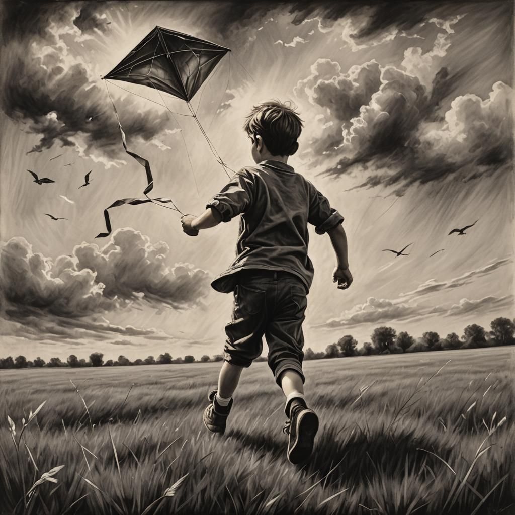 Boy with Kite: Expressive Charcoal Drawing