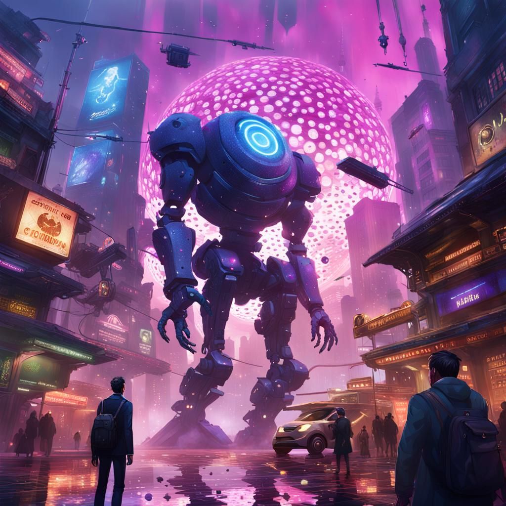 Cyberpunk Cyborg Battles Giant Monster in Metropolis