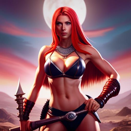 Fantasy Warrior in Red Bikini, Digital Art