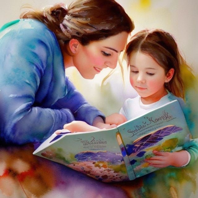Mother and Daughter Reading, Watercolour Art