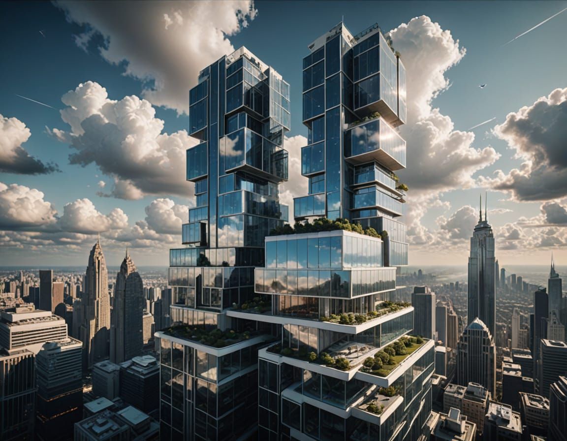 Surreal Corporate Skyscraper Soars Above Clouds in Futuristi...