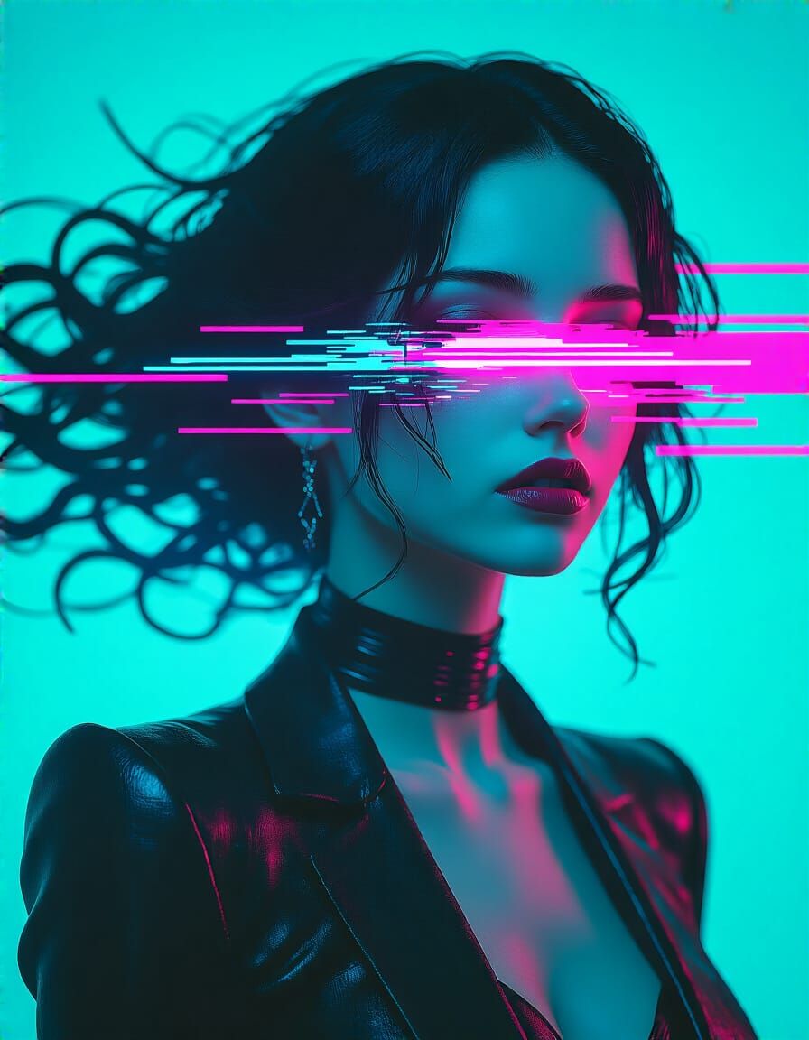Cyberpunk Woman Dissolving into Neon Static