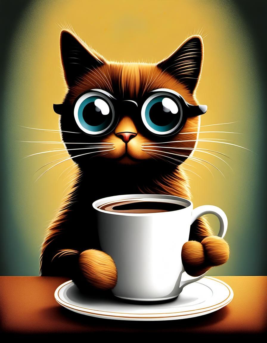 Humorous Googly Eyed Cat with Coffee