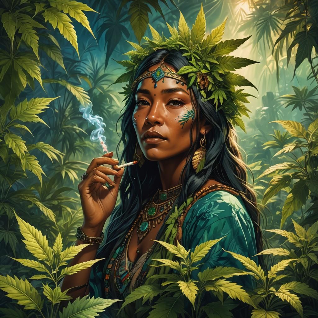 Native Woman Smoking Cannabis in Fantasy Landscape