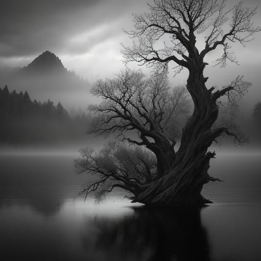 Stark Beauty: Ancient Tree on Misty Lake's Edge