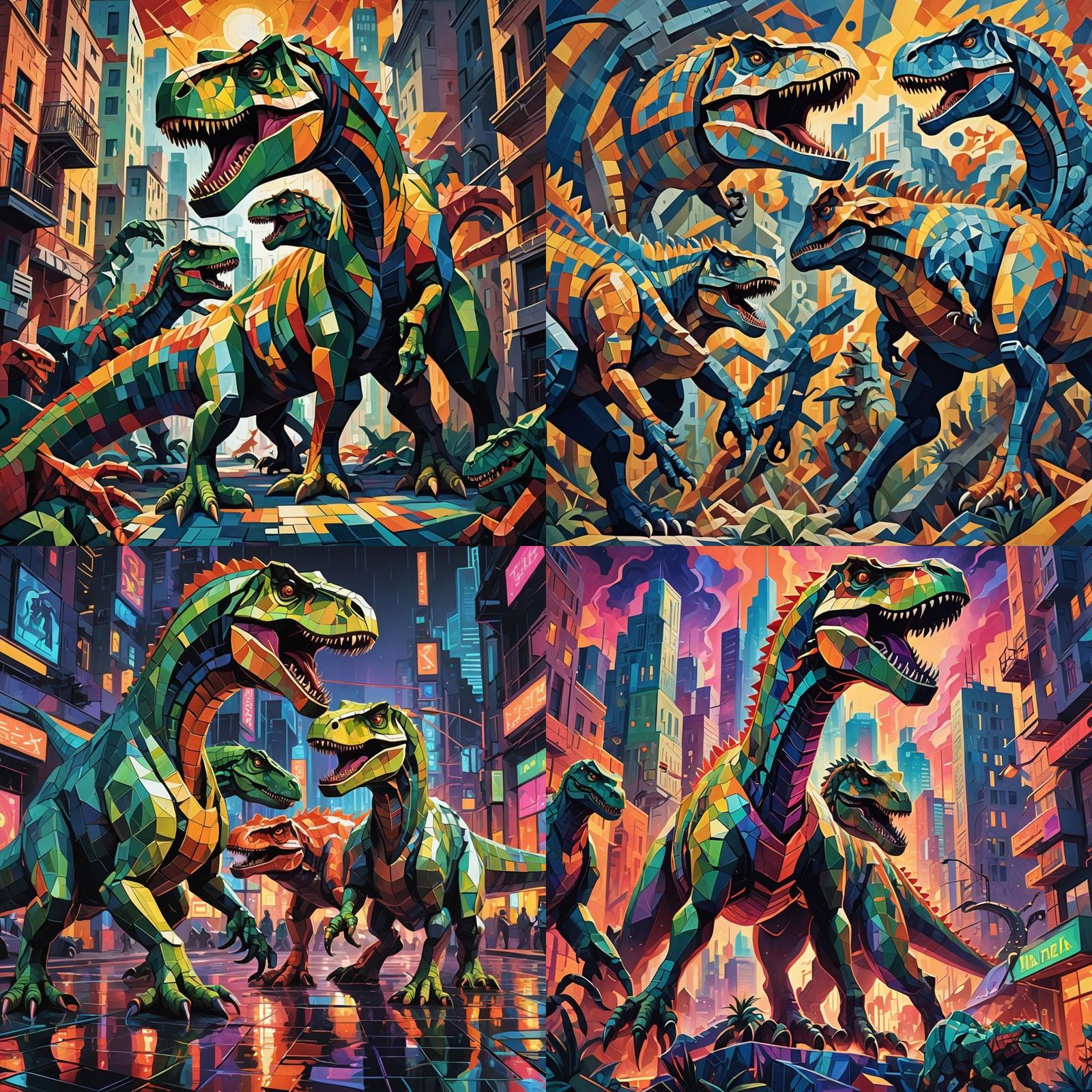 Hydra and T-Rex in Cubist Art Deco Style