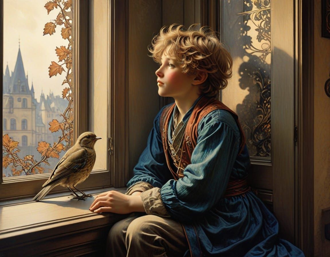 Whimsical Boy Sees Bird Singing Outside