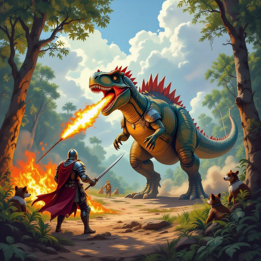 Sir Lancelot vs Fire Dinosaur: Hyperrealistic Jungle Battle