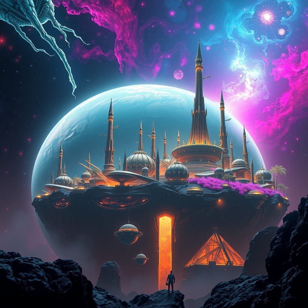 Vibrant Space Cityscape on Asteroid, Fantasy Concept Art