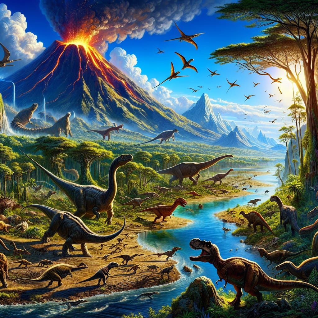 Jurassic Landscape with Dinosaurs and Volcano