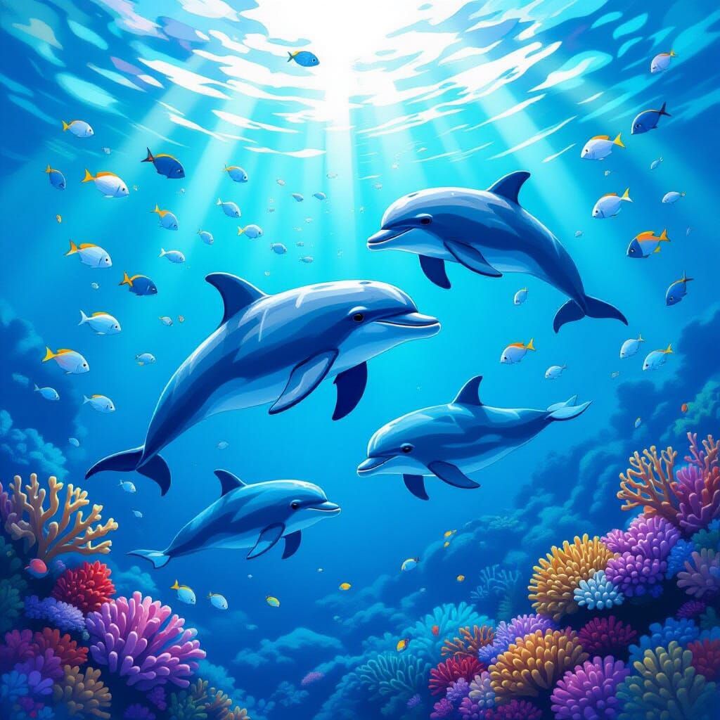 Playful Baby Dolphin With Family in Coral Reefs