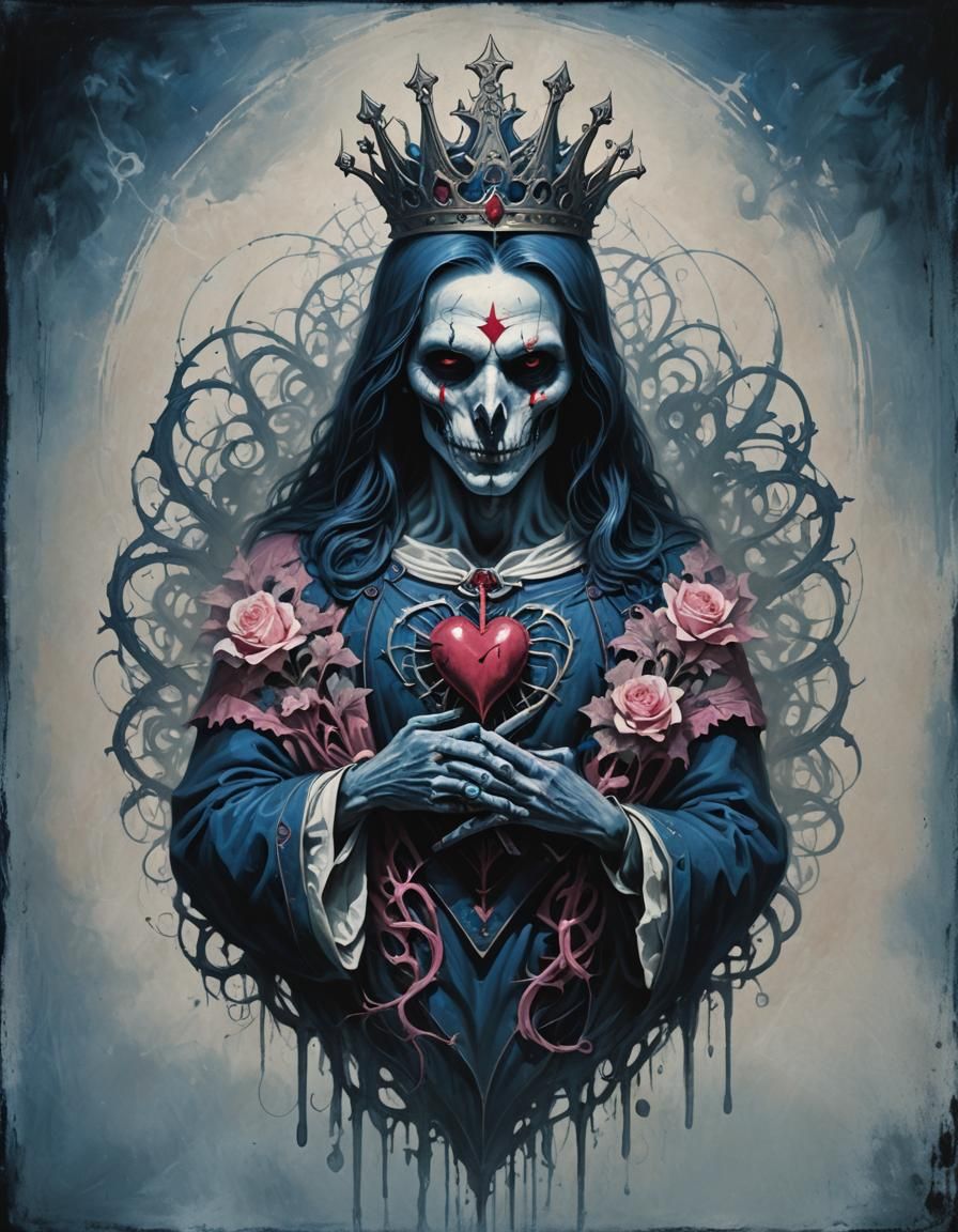 Dark Gothic Sacred Heart in Blue, White and Pink