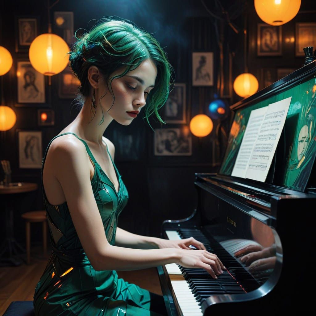 Sleek, Neon-Lit Piano Solo in Futuristic, Solarpunk Jazz Clu...