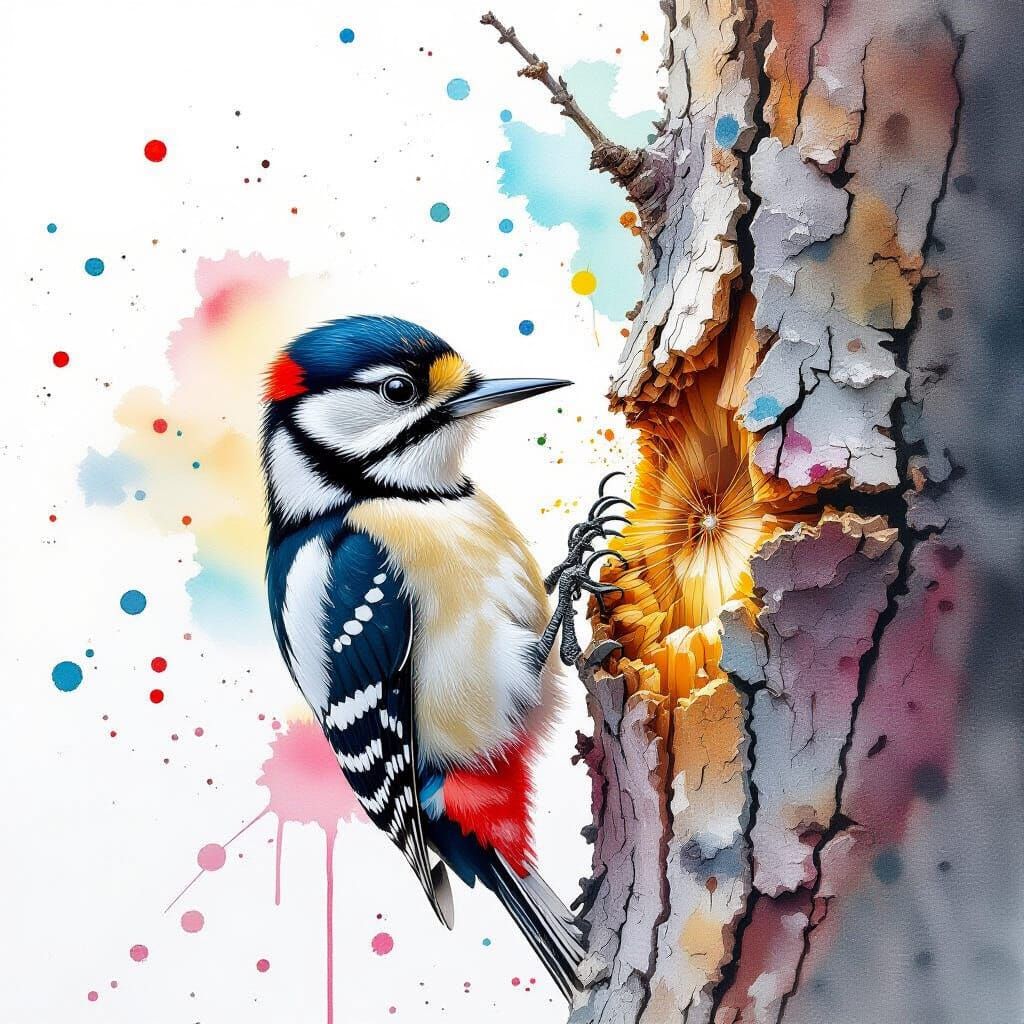 Tiny Woodpecker Pecking Tree Bark in Watercolour Style