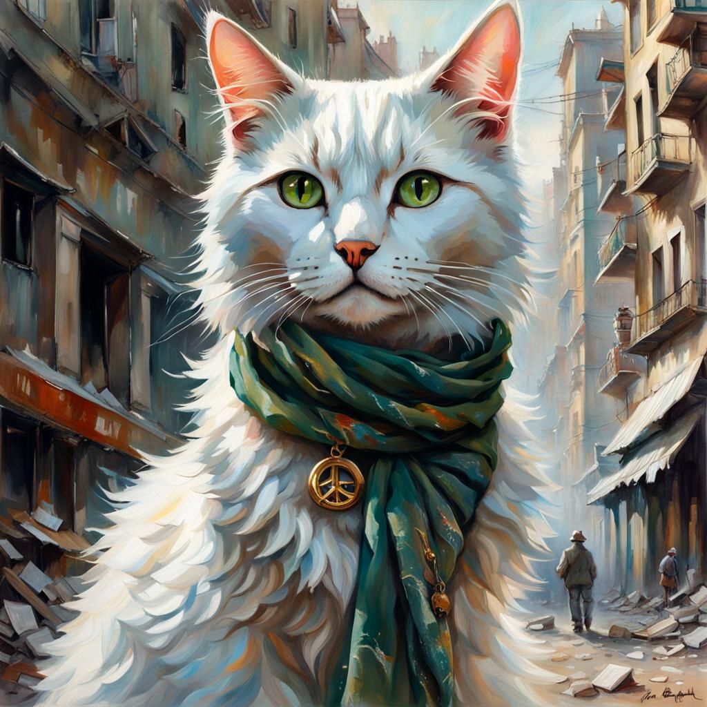 Cat Protesting War in Bombed City: Dark Fantasy Portrait