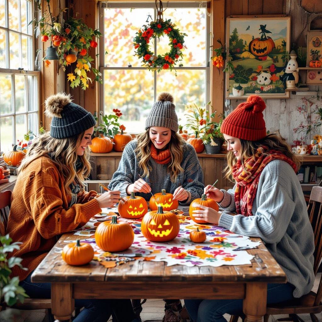 Painting Halloween Pumpkins in a Cozy Autumn Scene