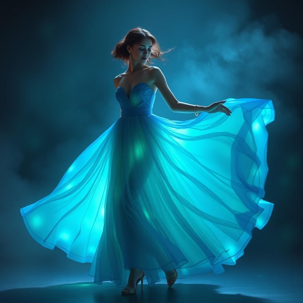 Woman in flowing illuminated dress