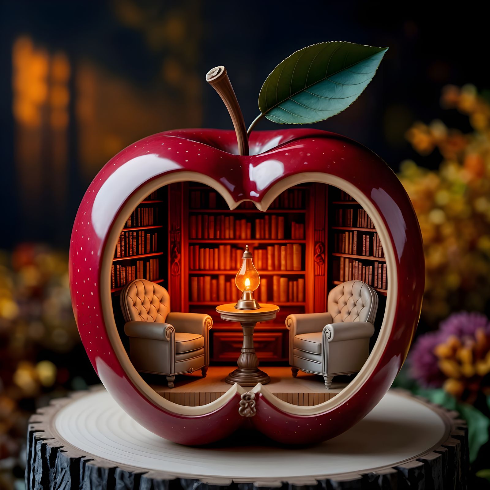 Cozy Fantasy Library Inside a Red Apple