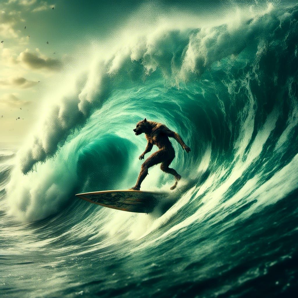 Werewolf Surfing a Giant Wave: Hyperrealistic Photography