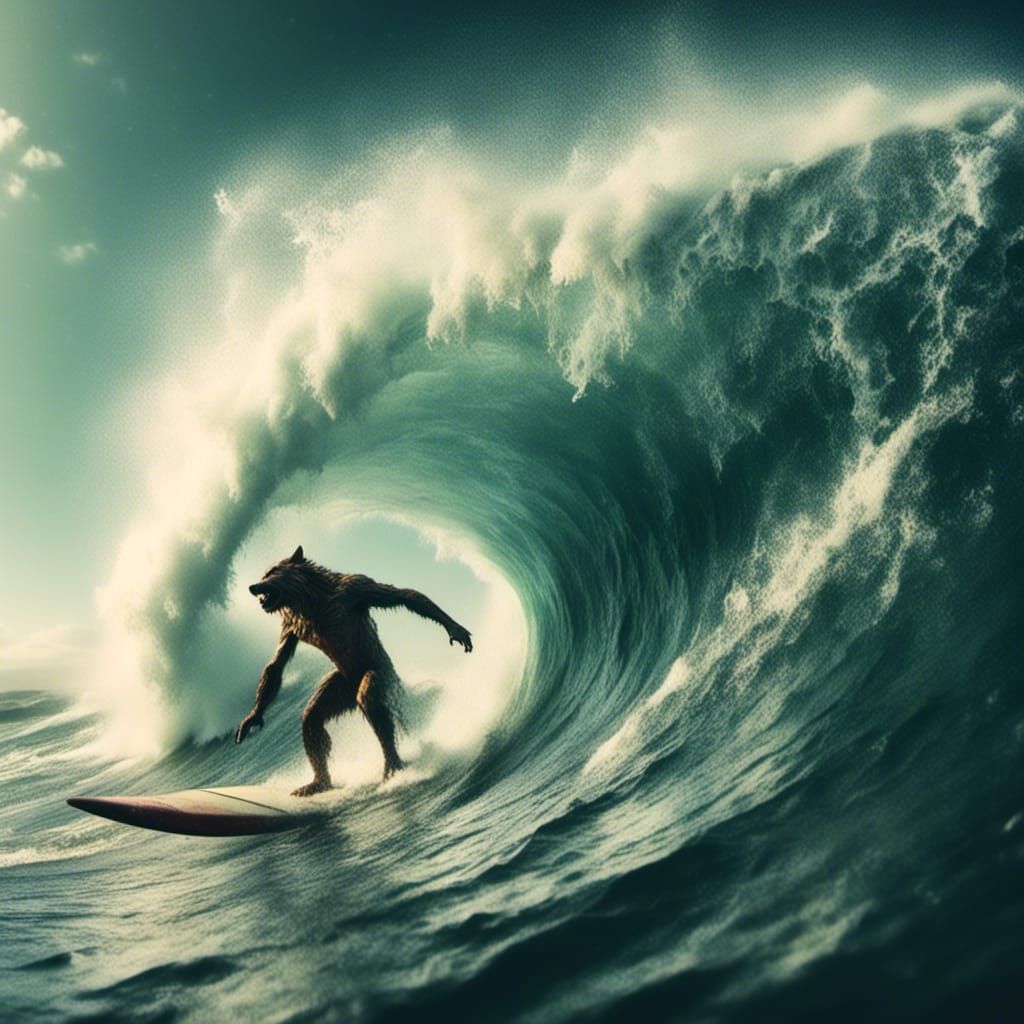 Werewolf Surfing a Giant Wave on Sunny Day
