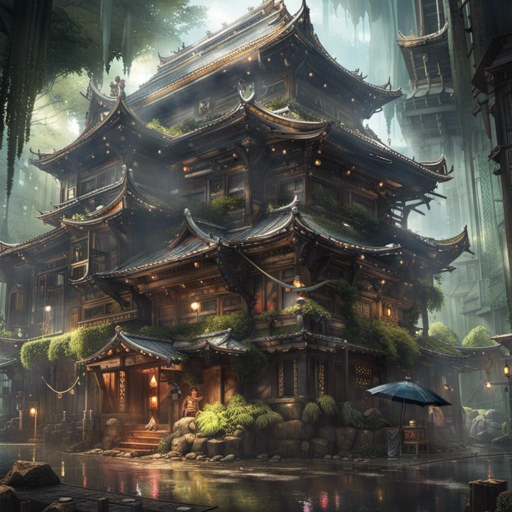 Steampunk Japanese Temple in Rain: Anime Key Visual