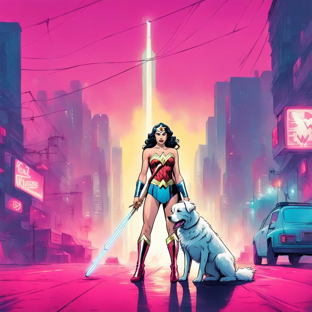 Wonder Woman and Dog in Neon City