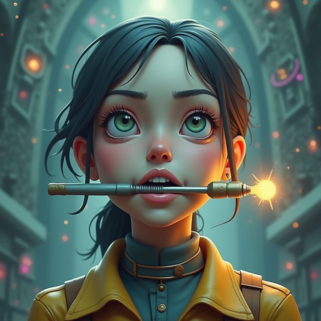 Woman in Leather Gloves Holds Screwdriver in Her Teeth, Surr...